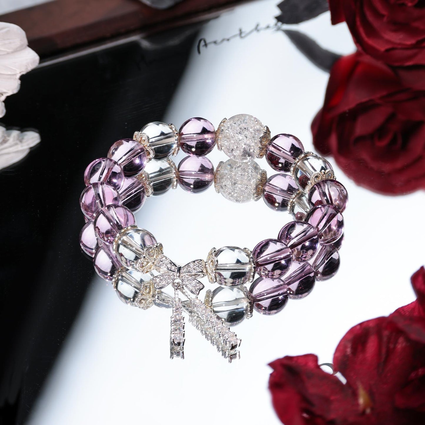 Amethyst & Silver Crystal Bracelet with Bow Charm-Elegance, Confidence & Healing Energy