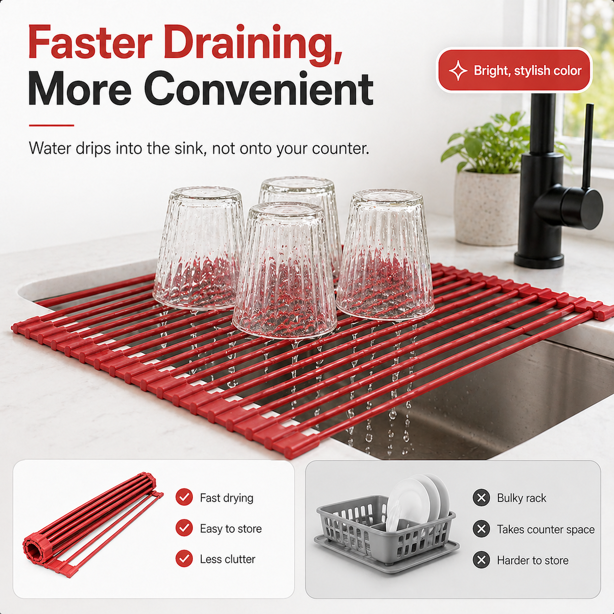 Roll-Up Sink Drying Rack, Space-Saving Non-Slip Silicone Over Sink Dish Rack for Small Kitchens