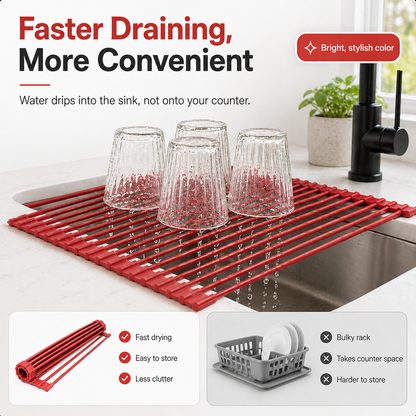 Roll-Up Sink Drying Rack, Space-Saving Non-Slip Silicone Over Sink Dish Rack for Small Kitchens