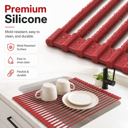 Roll-Up Sink Drying Rack, Space-Saving Non-Slip Silicone Over Sink Dish Rack for Small Kitchens
