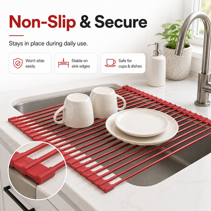 Roll-Up Sink Drying Rack, Space-Saving Non-Slip Silicone Over Sink Dish Rack for Small Kitchens