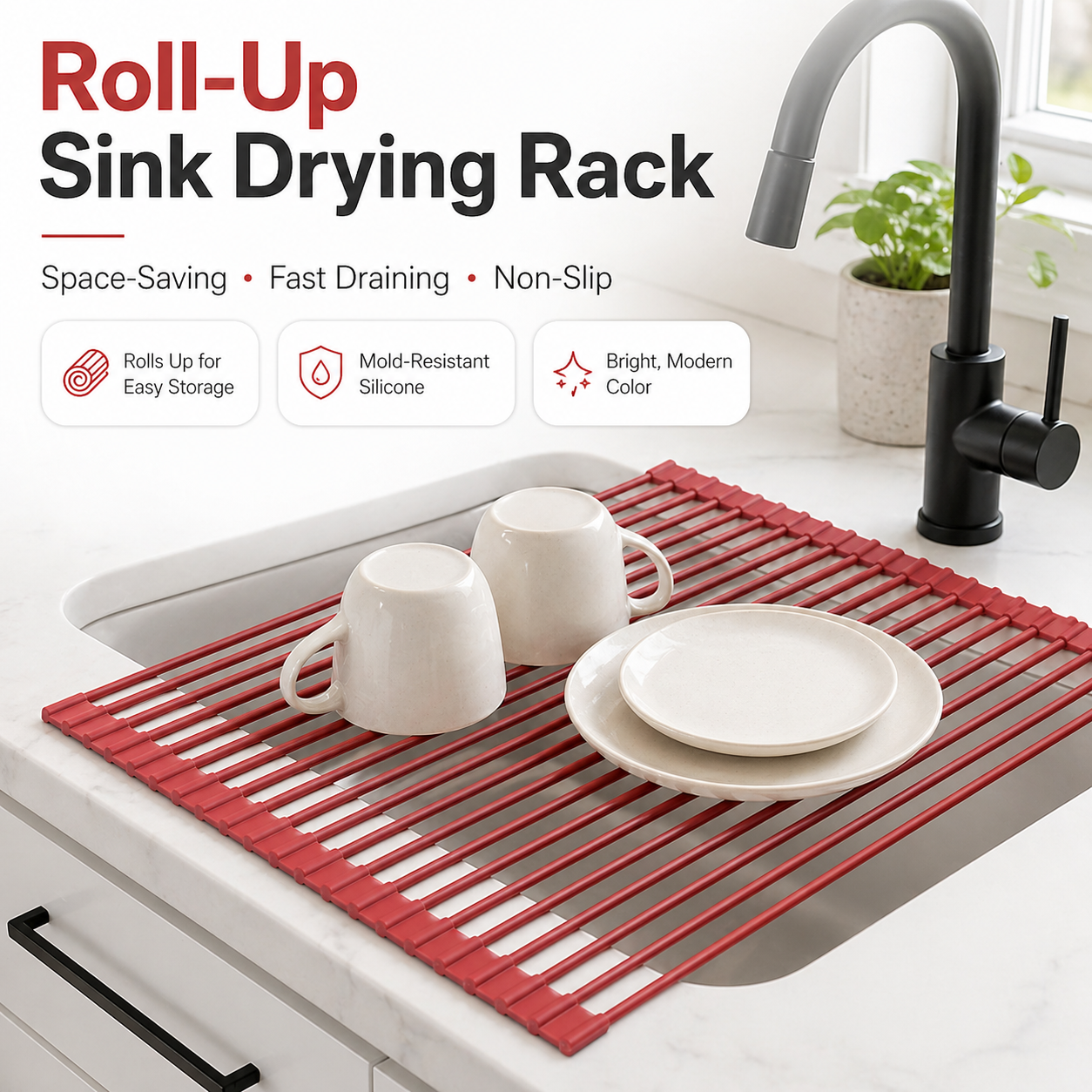 Roll-Up Sink Drying Rack, Space-Saving Non-Slip Silicone Over Sink Dish Rack for Small Kitchens
